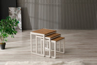 PERA Nesting Set of 3 Sturdy Side Tables, Modern Stacking End Tables, Rustic Brown, Off White