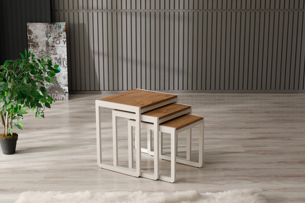 PERA Nesting Set of 3 Sturdy Side Tables, Modern Stacking End Tables, Rustic Brown, Off White